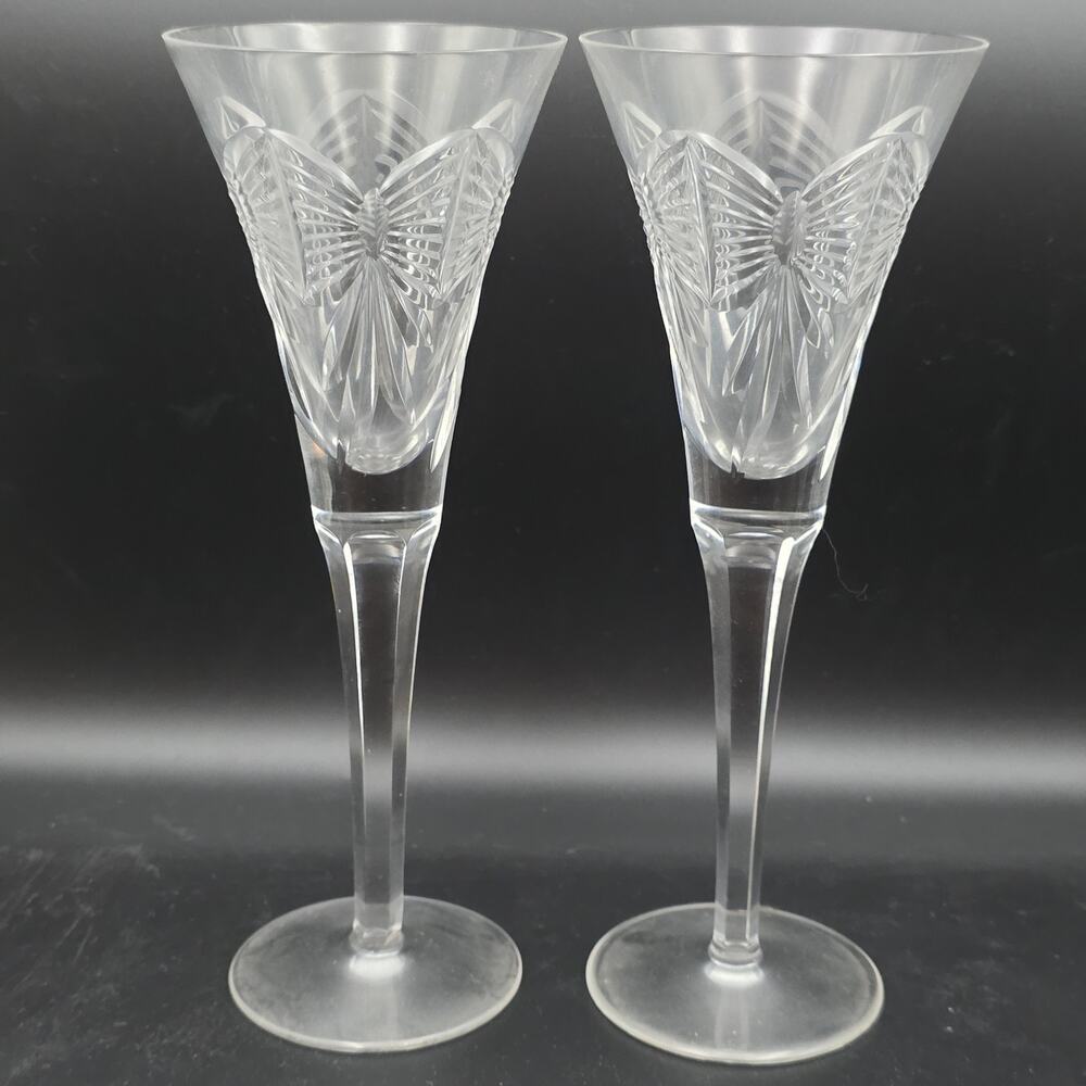 Waterford Crystal Millenium Fluted Champagne Glasses "Happiness" Set of 2 VTG